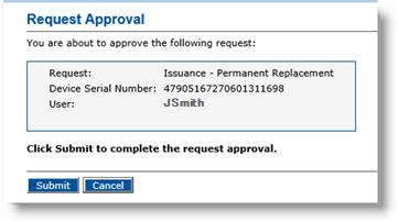 Request Approval dialog box displaying information about the request as well as a Submit button and a Cancel button